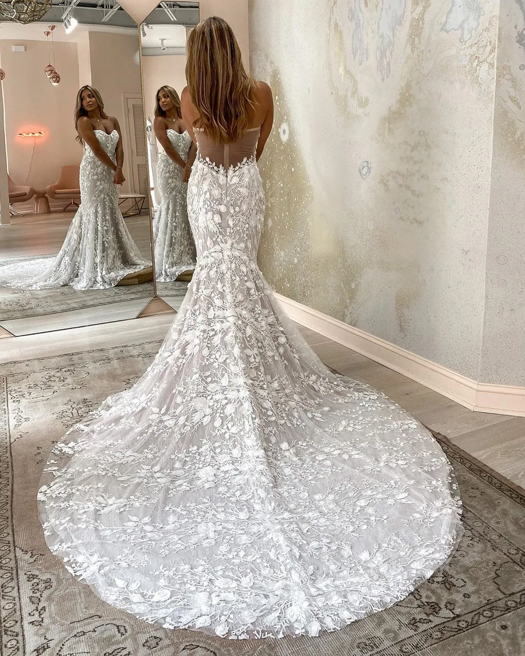 fitted lace low back wedding dress Sheath Lace Open Back Rustic Wedding Dress With Long Sleeve WD487 US16 / Nude