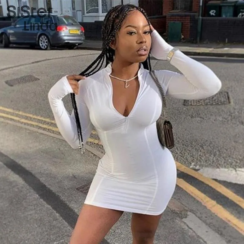 SisterLinda Turtleneck Zipper Dress Sport Women White Bodycon Fitness Skinny Mini Vestidos Moda Streetwear Activewear Roupas