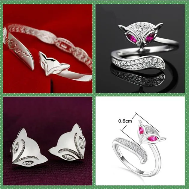 925 Sterling Silver Fox металлизации Кольцо Браслет Серьги Кольца с любовью женщин Wedding Party моды кристаллические кольца браслет любят открытый дизайн