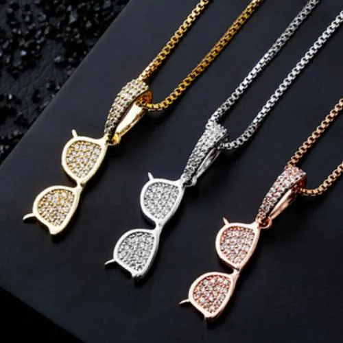 925 Sterling Silver Hiphop Glasses Charm Pendant Necklace Real Gold Plated Bling CZ Cubic Zirconia Full Diamond Iced Out Jewelry Gift for Girls Women Bijoux
