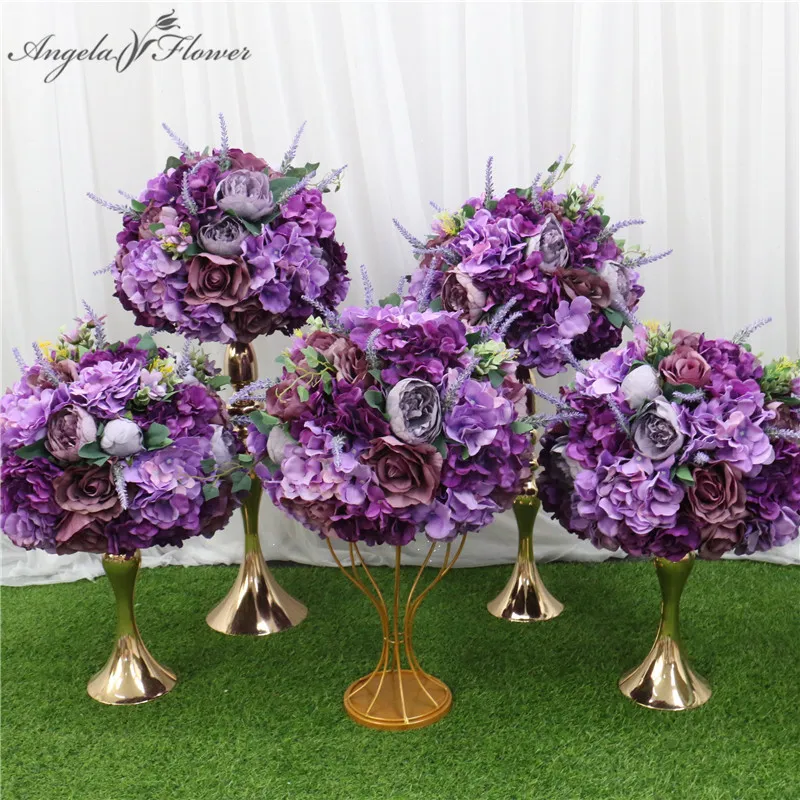 Dekoracyjne kwiaty wieńce niestandardowe 35/45 cm sztuczna stojak na kulę kwiatową fioletowe lawendowe elementy centralne