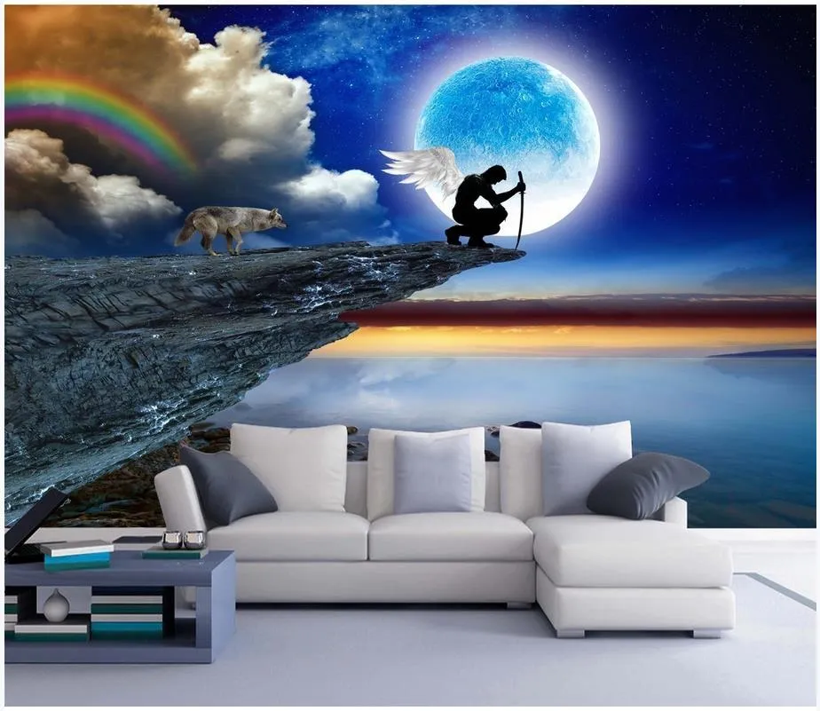 murales personalizzati Foto Sfondi per pareti 3D murale mare bellissimo paesaggio pittura carta cielo camera da letto TV parete di fondo nuvola bianca luna