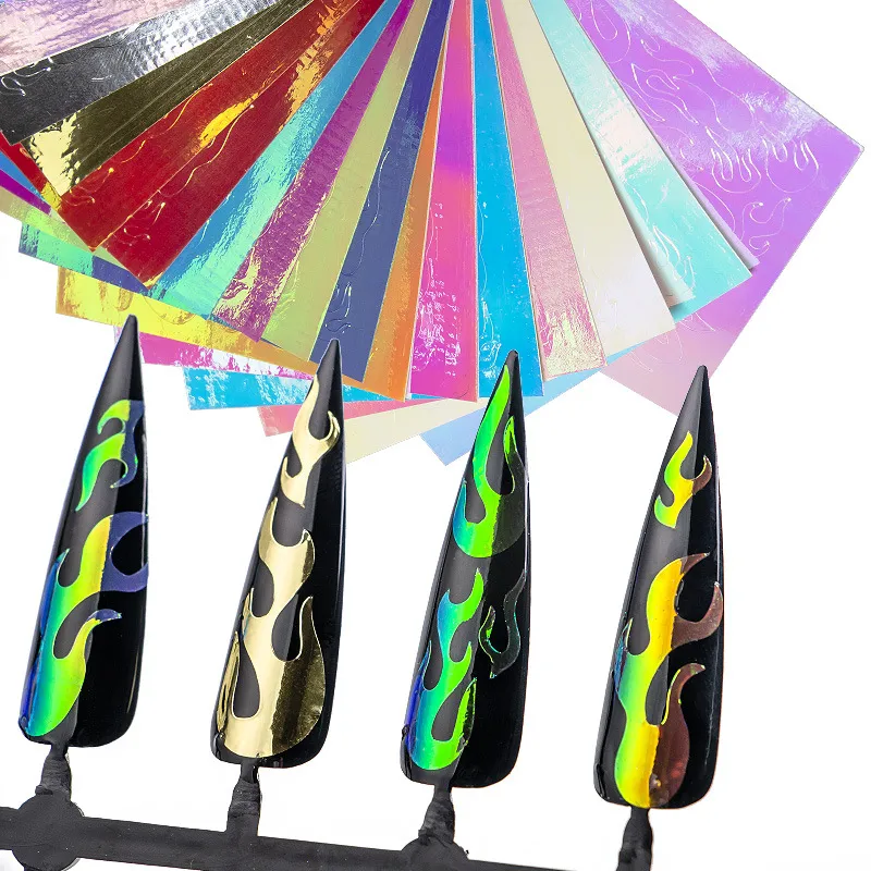 16 Sheets/Set Aurora Flame Nail Sticker Holographic Colorful Fire Reflections Nail Decal Self-Adhesive Foils DIY Nail Art Decoration DHL