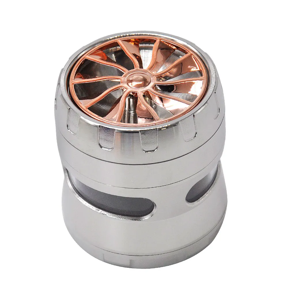 Honeypuff Wheel Style Zinc Alloy Herb Grinder med stort fönster 63mm 4 styck Metal Tobacco Herb Grinder Spice Miller