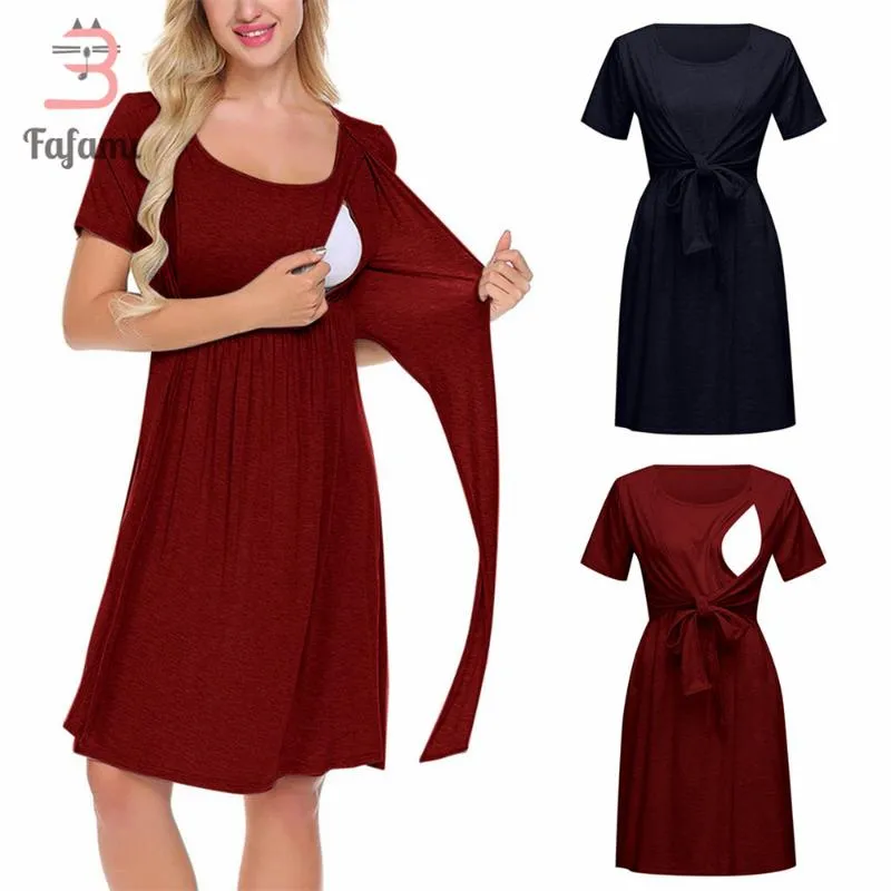 Robe de grossesse en fausse enveloppe pour femmes avec robe maxi avec une courroie de cravate à manches courtes plus de taille en soins infirmiers vêtements massifs vêtements de maison