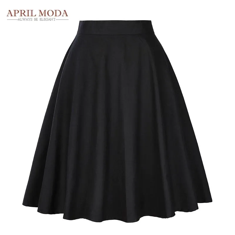 Elegant High Waist Pleat Skirt Black Knee Length Flared Skirts Retro Vintage 50s Rockabilly Swing Skirts Women Faldas Saia Jupe