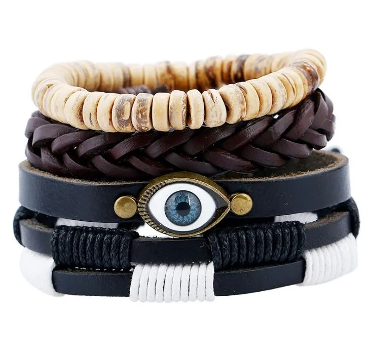 Gran oferta 2020, pulsera de cuero genuino para hombre, pulsera de ojo de cuentas de concha de coco PU DIY, pulsera de traje combinado, 4 estilos/1 Juego