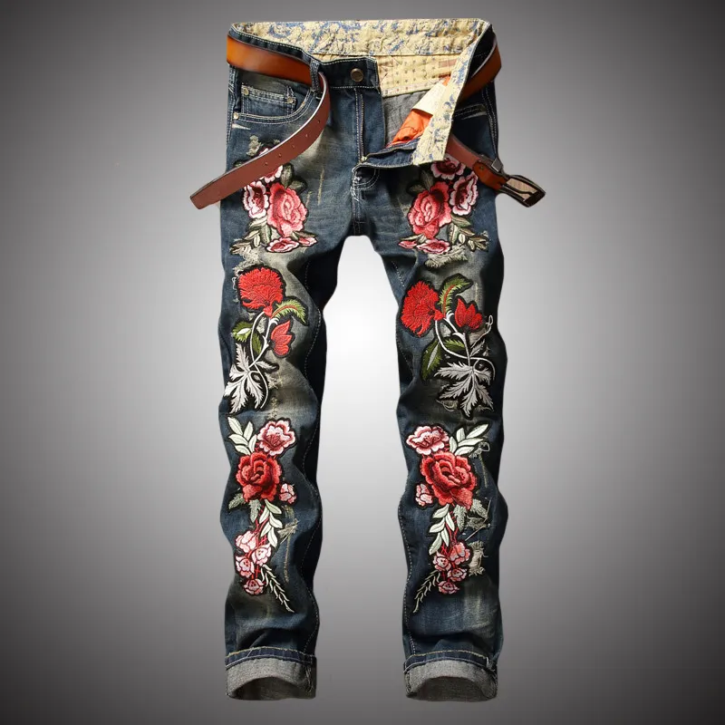 2020 Nowa Streetwear Hip Chmiel Jeans Mężczyźni Rose Haft Denim Spodnie Slim Fit Casual Dżinsy Haftowane Kwiaty Męskie ubrania BP007