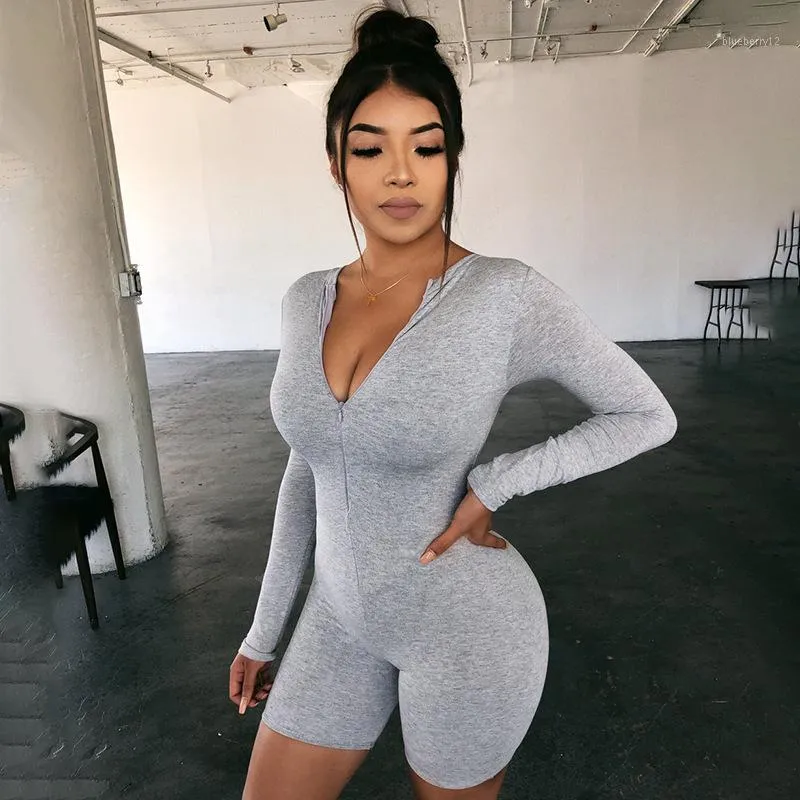 Svart Grå Bodycon Playsuit Kvinnor på båda sidor Sexiga Jumpsuit Spring Autumn Zip Up Party Club Romper Jumpsuits Shorts