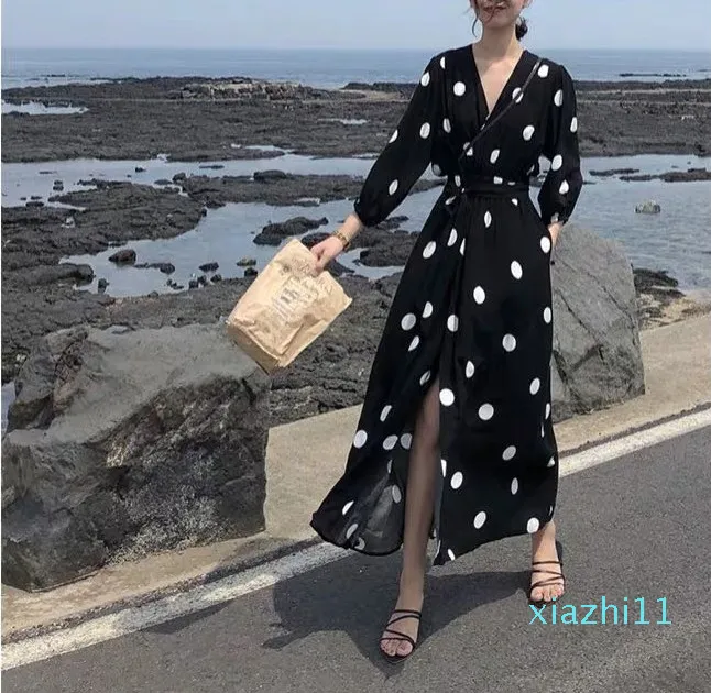 Fashion-Chiffon Platycodon Grandiflorum Dress 2020 New V-neck Elegant French Retro Slimming Polka Dot Dress Summer Skirt Women