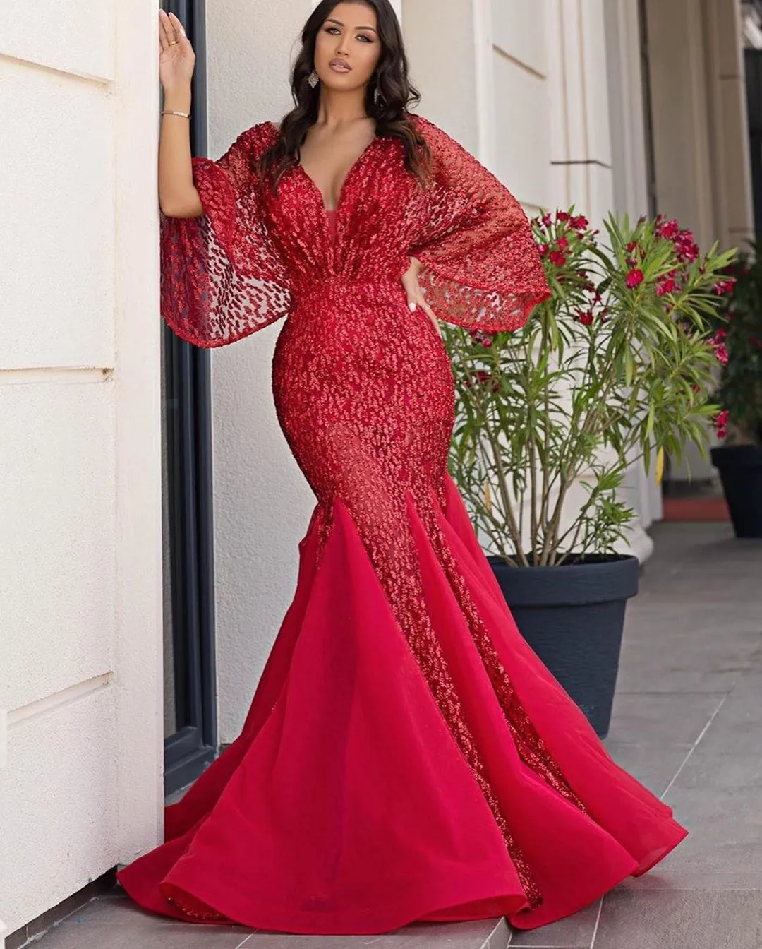 2020 Arabic Aso Ebi Bury Sparkly Evening Deep V-neck Prom Dresses Mermaid Formal Party Second Reception Gowns ZJ023