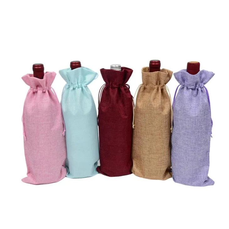 Jute Wine Bottle Covers Wine Bottle Bags Drawstring Packaging Gift Bags Rustic Hessian Christmas Wedding Dinner Table Decorations LX2376