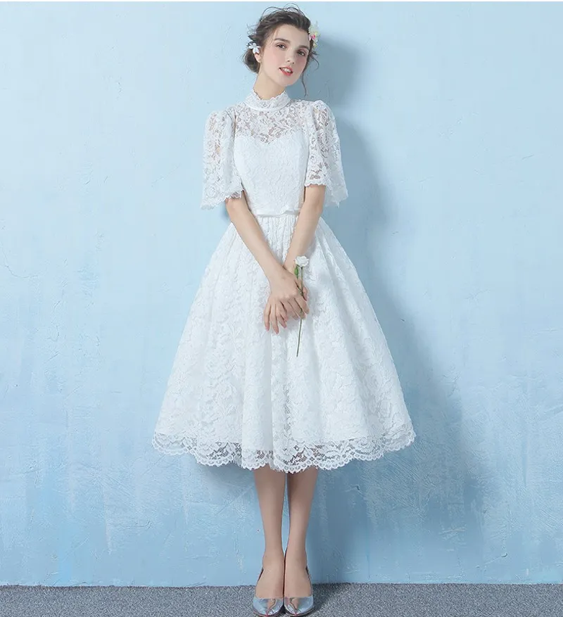 Elegant Boho Lace tea dress wedding with High Neck and Half Sleeves - Plus Size Elegant Boho Lace tea dress wedding with High Neck and Half Sleeves - Plus Size
