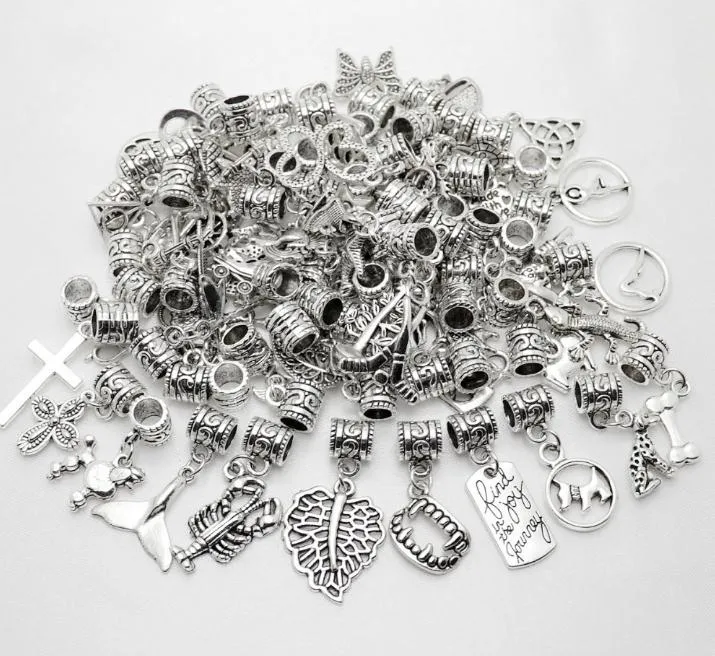 100 st/lot legeringsblandad Vintage berlocker Hänge Big Hole Beads passar Pandora Charms Armband Halsband Gör-det-själv smyckestillverkning