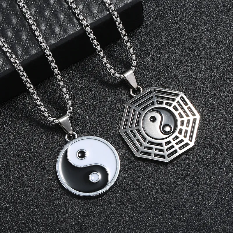 Novo aço inoxidável yin ying yang pingente colar preto branco colar homens pu couro colares jóias vintage