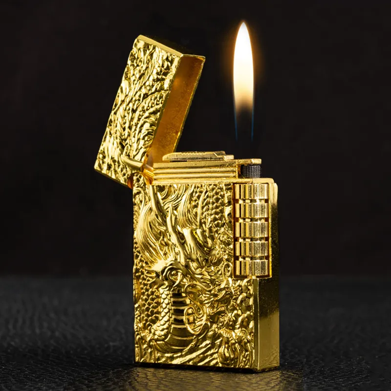 golden cigarette lighter Jet Flame Metal Refillable Lighter with Golden Dragon Embossed Pattern,  2.36 × 1.38 × 0.31 in, 52g from Dhgate Lighters