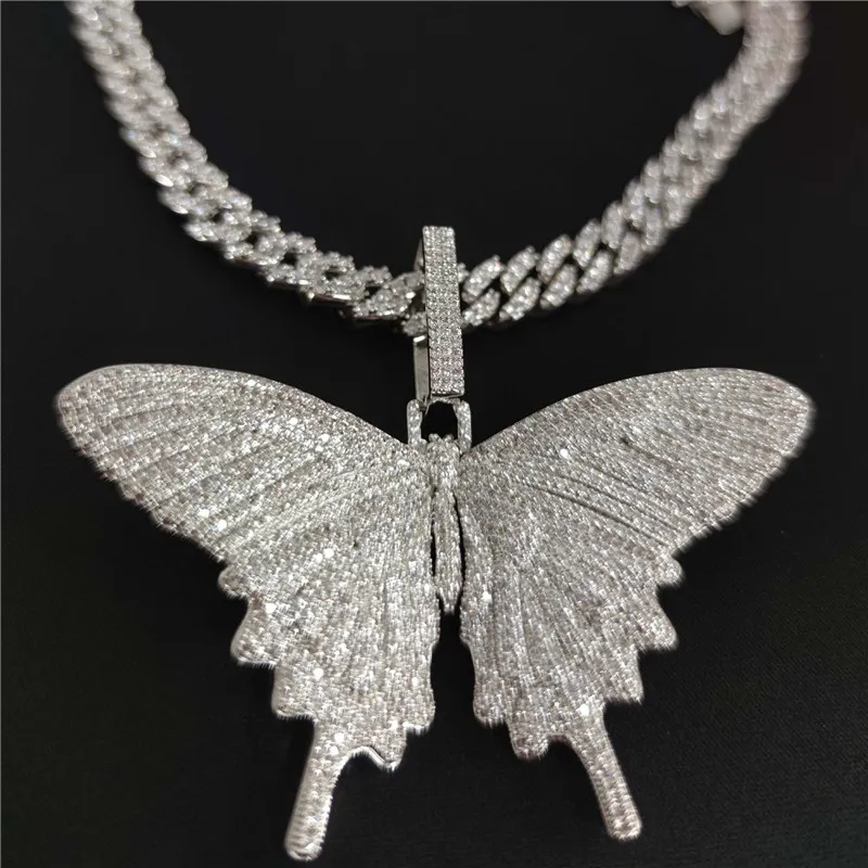 High Quality White Gold Plated Sparkling Ice Out CZ Butterfly Pendant Necklace with 9mm 18/20inch CZ Cuban Chain