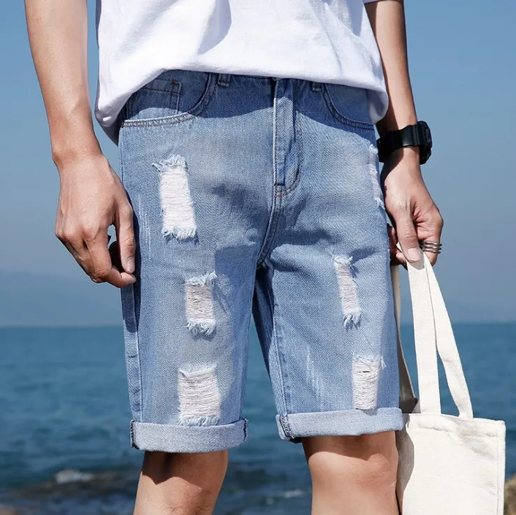 New Casual Men Shorts roupa rasgada Blue Hole Short Jeans Pant Homens joelho Denim algodão Meninos Jeans Verão Shorts Man