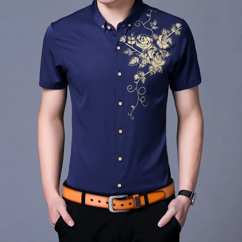 Męski złoty druk róża biała sukienka 2020 marka Slim Fit Chemise Homme Homme Casual Party Wedding Shirt for Male 32620