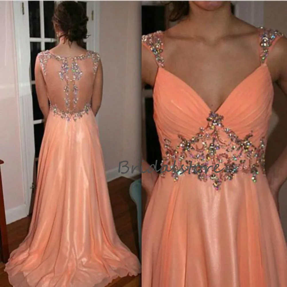 Peach Beaed Cristal Vestidos Sexy Pescoço V Backless Chiffon Longo Formal Prom Dresses 2020 Especial Ocasião graduação vestido de festa Vestidos