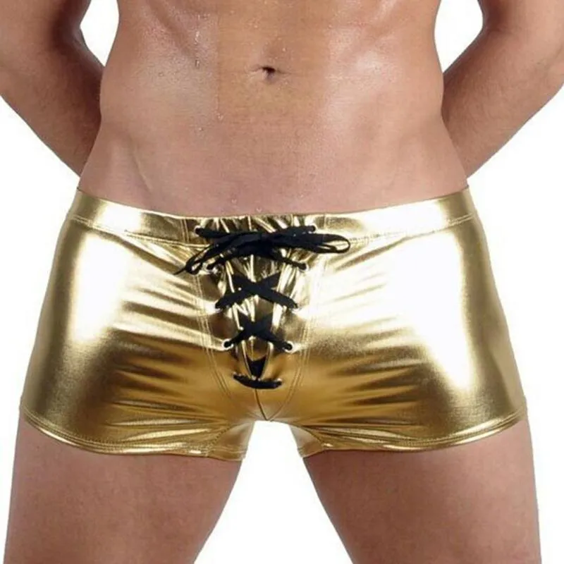 Men Erotic Sex PU Leather Strappy Boxer Lingerie Wet Shorts PVC Latex Club Patent Underwear Male Boxers284f