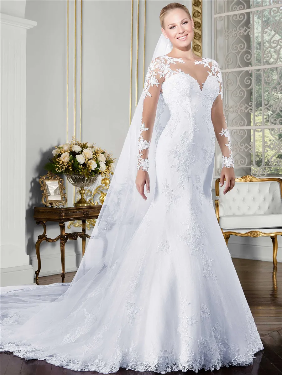 Abito da sposa a sirena a maniche lunghe con scollo a V trasparente 2020 Abiti da sposa bianchi trasparenti con retro trasparente e applicazioni in pizzo