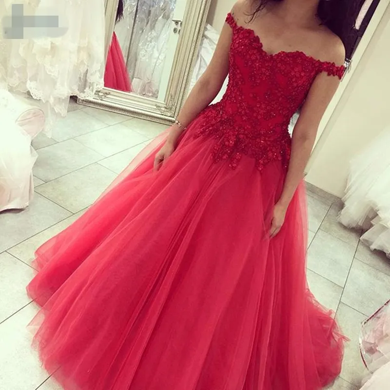 Vestido De Novia 2020 Romantic Red Formal Evening Dresses sweetheart Off the Shoulder with Appliques Beaded A Line Dress Tulle Bridal Gowns