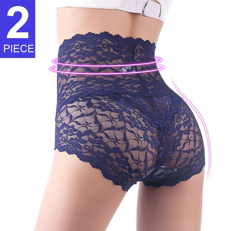 2PCS Women's Seamless Underpants Slimming High Waist Push Up Lace Panties Tummy Control Shapers Briefs Transparent Underwear