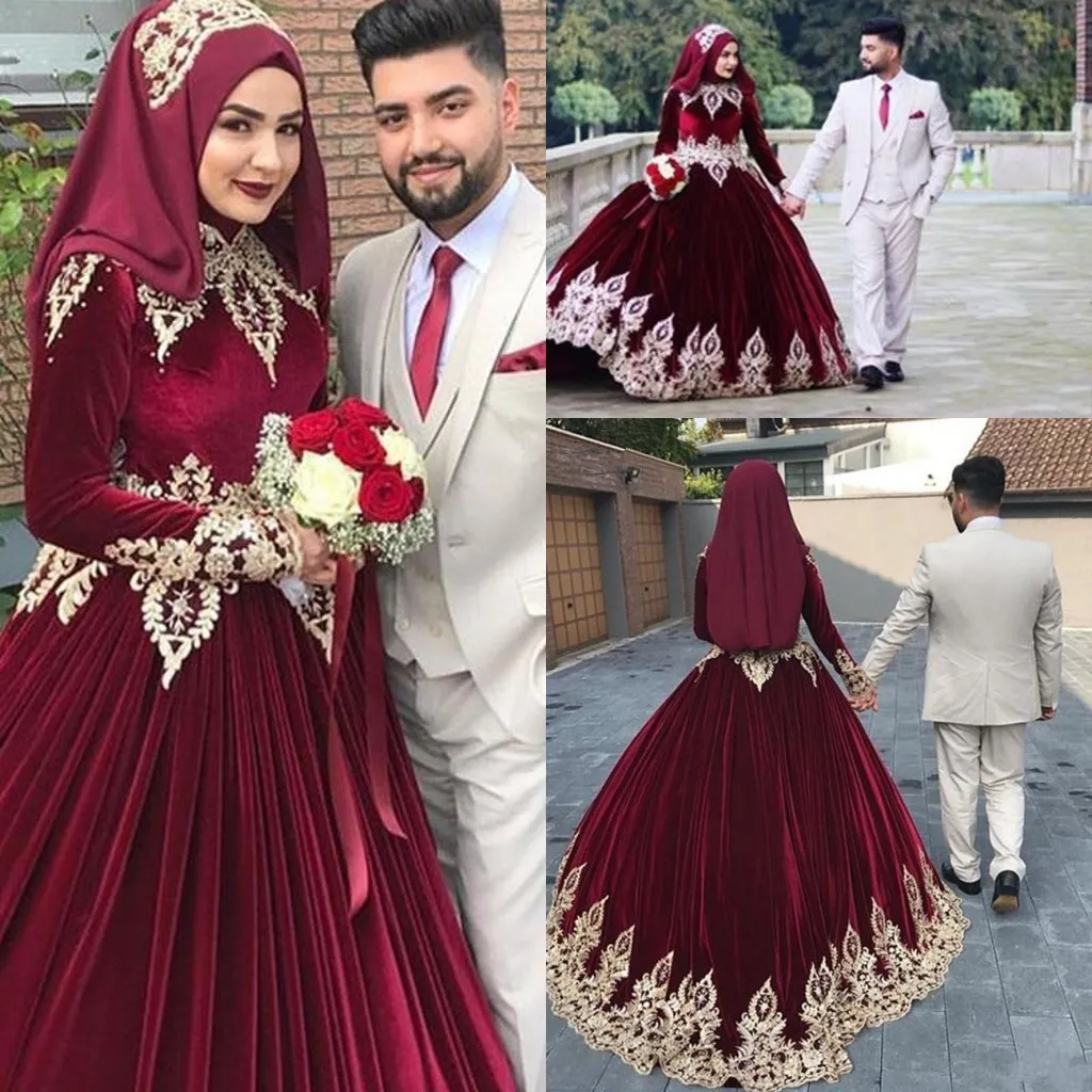 Elegant Velvet Muslim Burgundy Bröllopsklänningar Guld Lace Appliques Ball Gown Bröllopsklänningar Långärmad High Neck Vestidos de Noiva Al6586