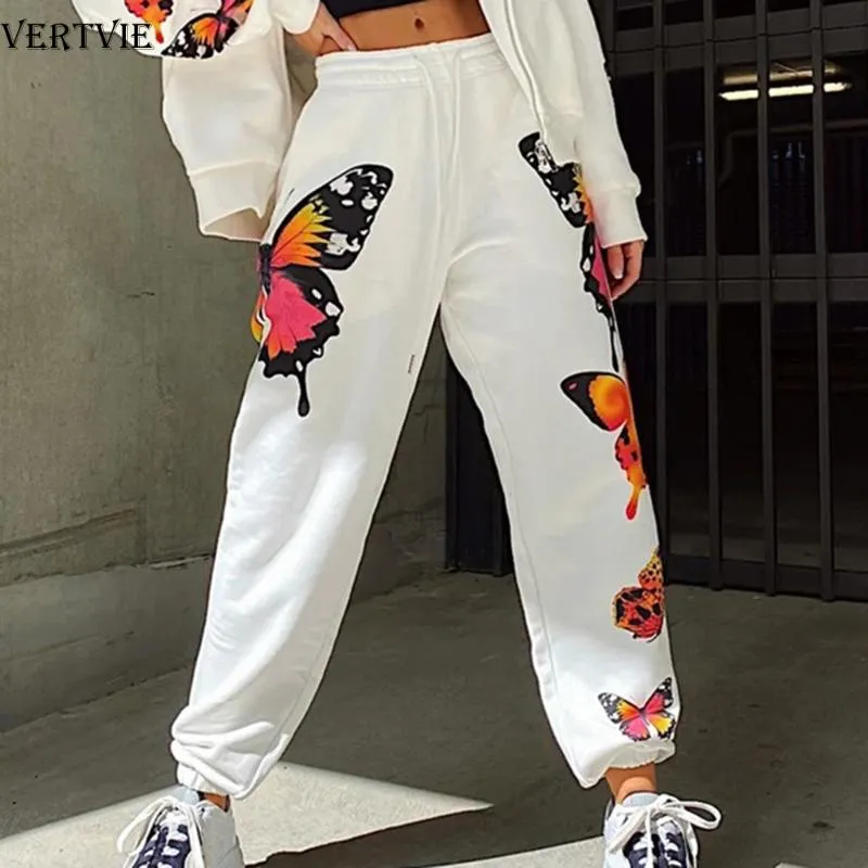 VERTVIE Pantaloni sportivi stampati a farfalla Pantaloni a vita alta da donna Pantaloni larghi da corsa Pantaloni sportivi da donna elastici Streetwear