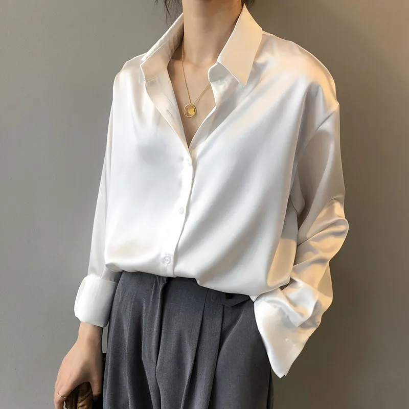 2020 패션 버튼 업 새틴 실크 블라우스 여성 빈티지 흰색 긴 소매 셔츠 탑 레이디스 우아한 한국 사무실 셔츠