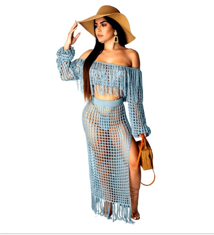 2020 Slash Neck Knit Two Piece Sets Women Tassels Crop Top And Skirt Set Sexy Crochet Beach Wear 2 Piece Summer Outfit