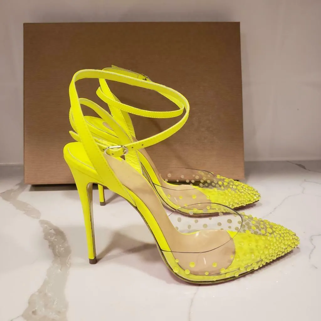 Fri frakt Mode Dam Pumps neon kristall Rhinestone pvc spets tå höga klackar strappy slingback sandaler skor stilettklackar 12cm 10cm