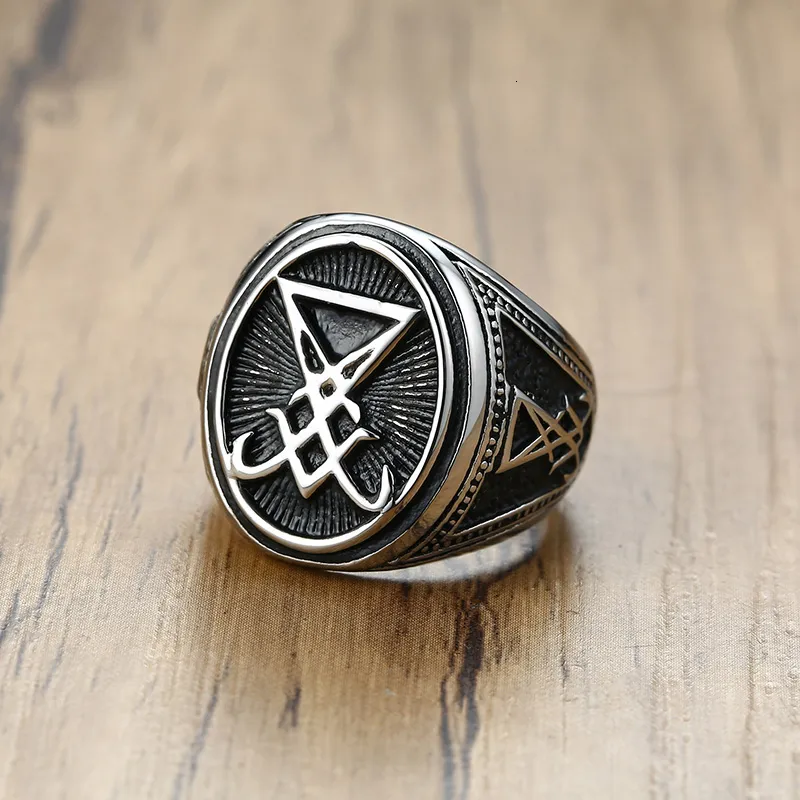 Vantage Silver Color Signet Sigil of Lucifer Ring For Men Seal of Satan Occult Male Jewelry255n