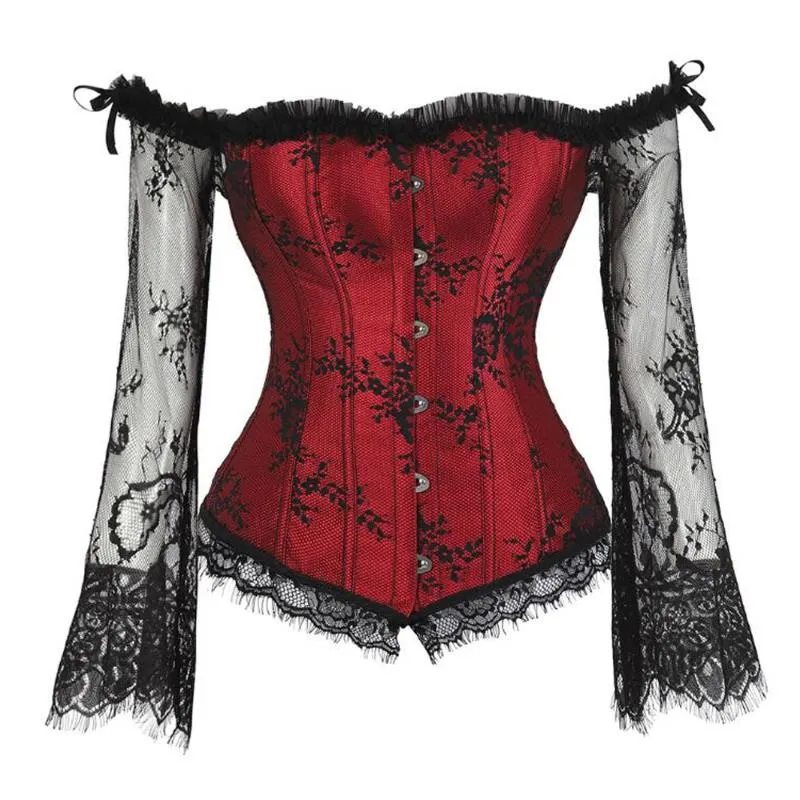 Plus Size Women Steampunk Corset Blouse Sexy Long Sleeve Lace