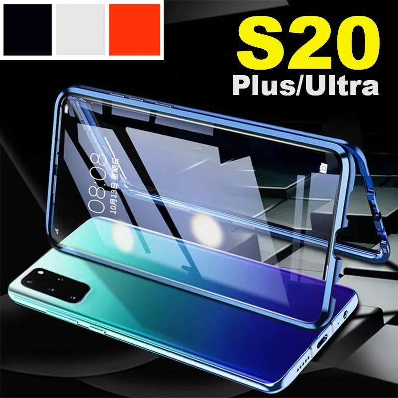 För Samsung Galaxy S20 Ultra Case 360 ​​Fram + Tillbaka Dubbelsidig Härdad Glasfodral för Samsung S20 plus magnetisk metallkåpa S20 +