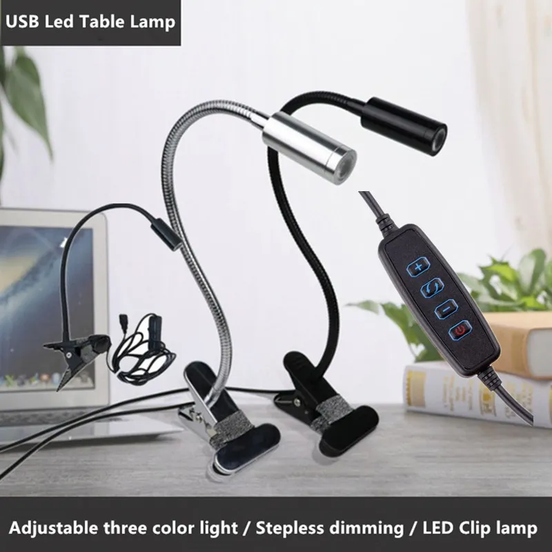 Flexibele Dimmen 3 Kleur LED Boek Licht USB-clip-on oogbescherming slaapkamer leeslamp make-up lamp led tafellamp zwart / zilver lichaam