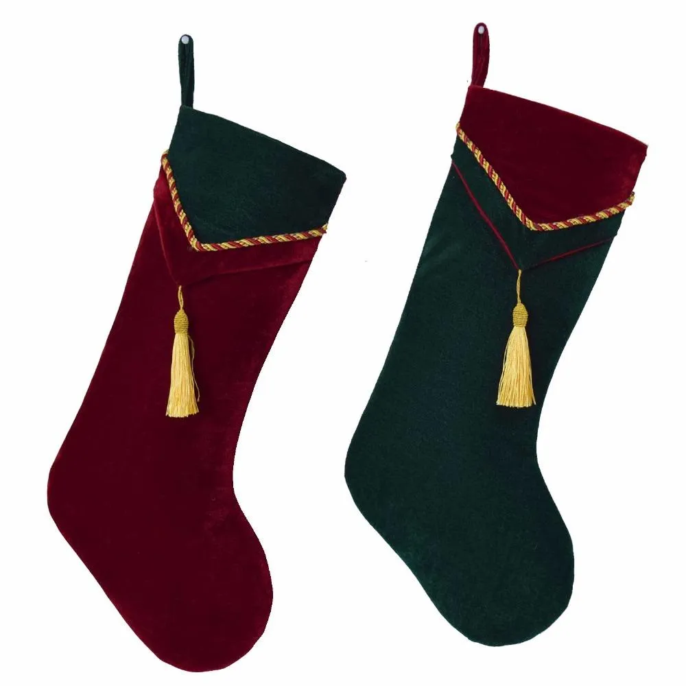 Calza di Velluto Rosso Verde con decoro nappine Calzini Calza di Natale arrvial Confezione da 2 pz