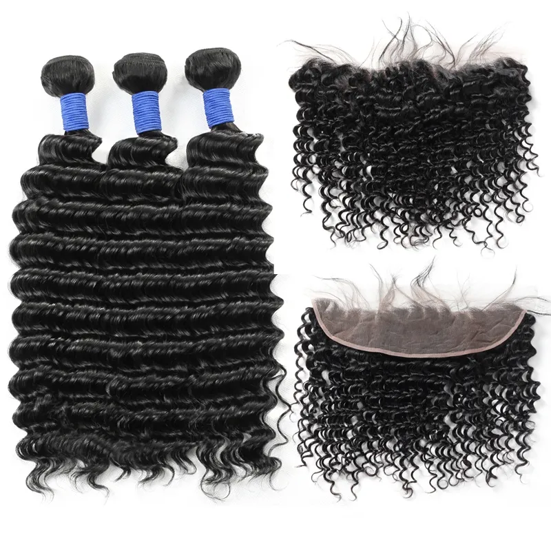 IsHow 8a extensões de cabelo virgens brasileiras 3bundos com 13 * 4 Pacotes de cabelo humano frontal de renda com fecho onda profunda para mulheres meninas todas as idades naturais preto 8-28inch