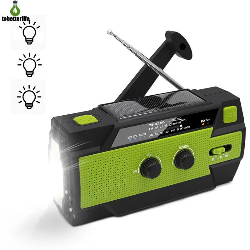 Solar Lamp Radio Emergency AM/FM/WB Weather Hand Crank USB With LED Flashlight Phone Power Bank 4000mAh