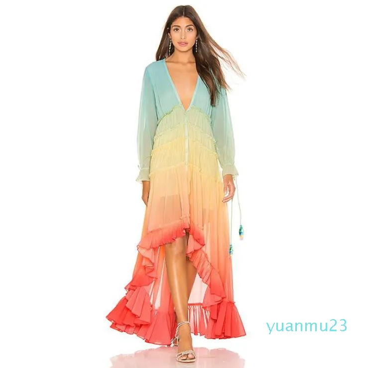 Abiti da donna per tutta l'estate Sexy stile bohemien sfumato di colore manica lunga scollo a V abiti da spiaggia da donna casual da donna lungo Dresse304U