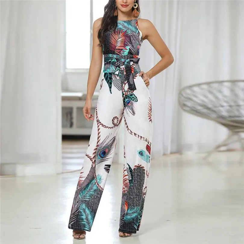 2019 New Summer Women SexyLoose Jumpsuits O-Neck Feather Printed Sleeveless Bandage Loose Long Jumpsuits #E29 (3)
