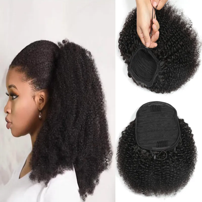 ALIMAGIC HAIR BRAZILIAN AFRO KINKY Curly Penytail Remy Wall Wrap Around Drawstring Ponytail Human Hair Ombre Clip In Hair Extensions