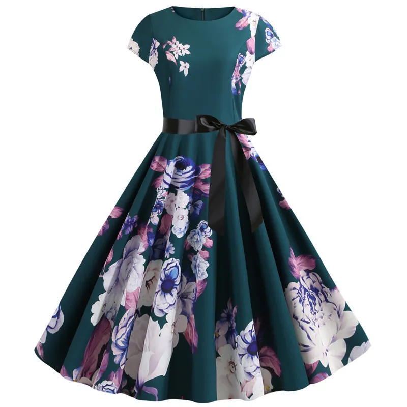 Robe Pin Up Vintage Femme 2020 Vestidos de verão para mulheres manga curta decote em bico anos 50 anos 60 festa Rockabilly vestido de escritório tamanho grande chique