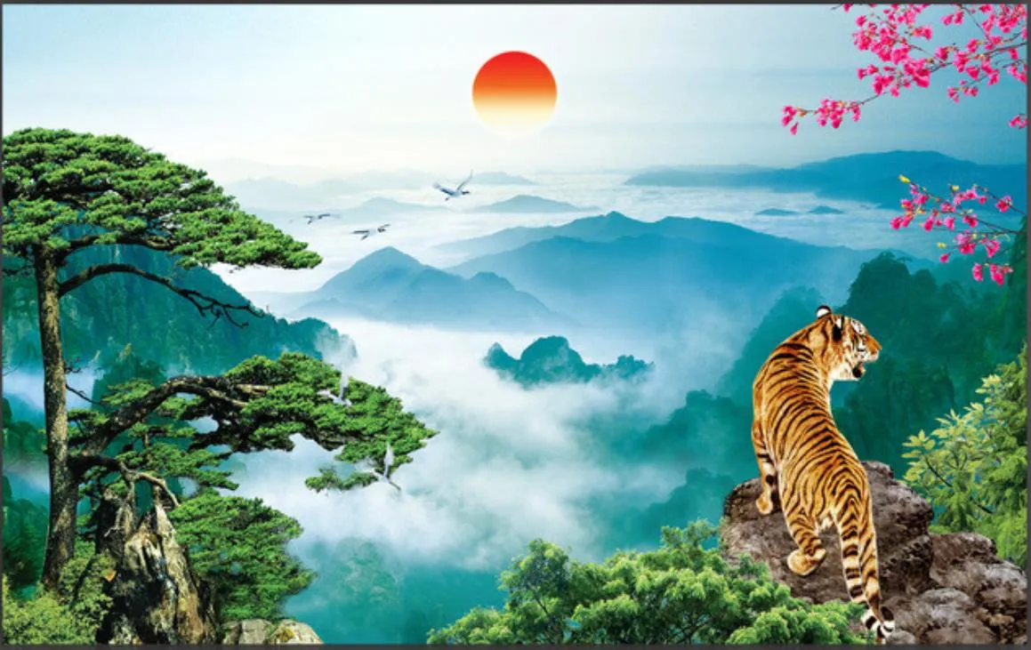 Individuelle Fototapeten für Wände 3d Wand chinesischen Stil Papier Landschaft im ländlichen Raum Baum rote Sonne Tiger Landschaft Wandbild Schlafzimmer TV Hintergrund Wand