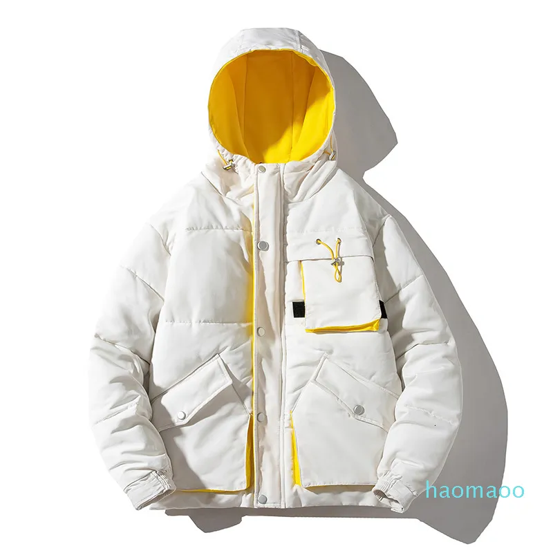 Moda-Invierno Chaqueta de plumón Parka acolchada cálida para hombre Abrigo con capucha de color de moda para hombre Ropa de calle para hombre Chaqueta con múltiples bolsillos Ropa masculina