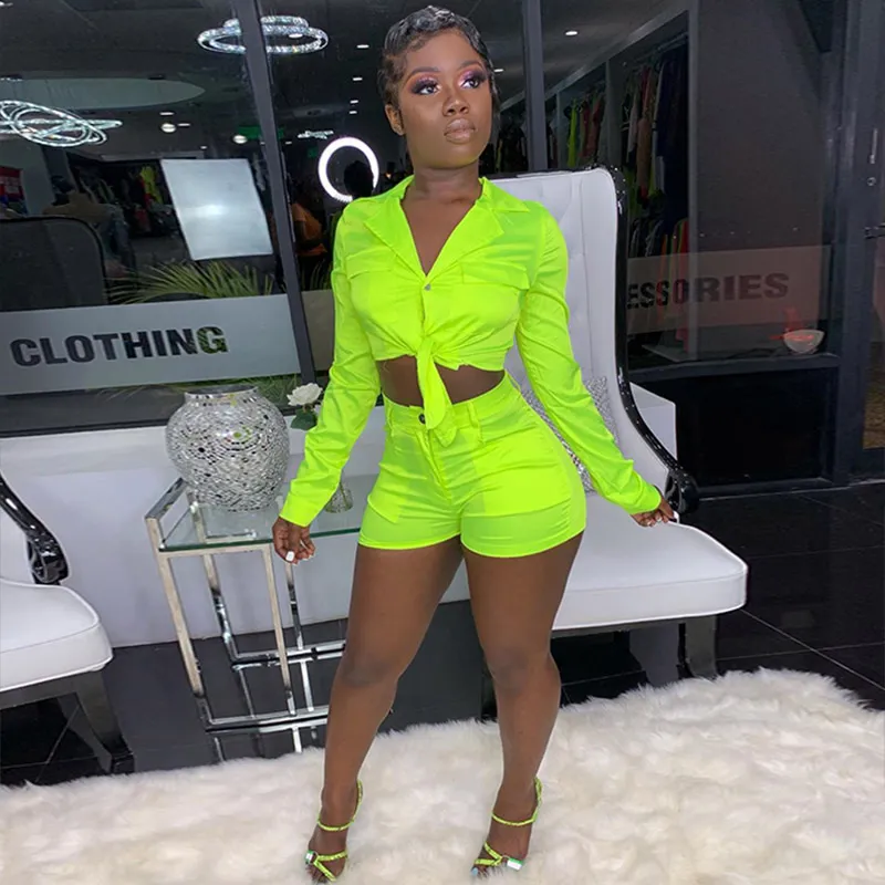 Two Piece Dress Neon Green Fashion Set Women V Neck Full Sleeve