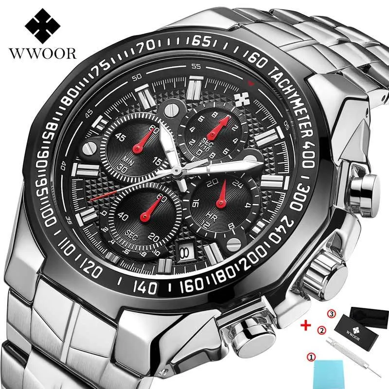 WWOOR Часы Мужские Top Brand Luxury Black Sport Chronograph Часы Мужская мода Большой циферблат кварцевые наручные часы Человек Relojes HOMBRE 2020 CX200805