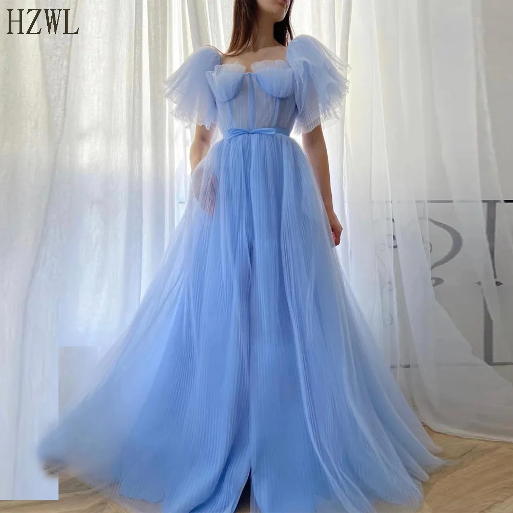 Baby Lue Pleated A-Line Tulle Evening Dresses vestido 2020 Short Puff Sleeves Ribbon Belt Long Prom Gown