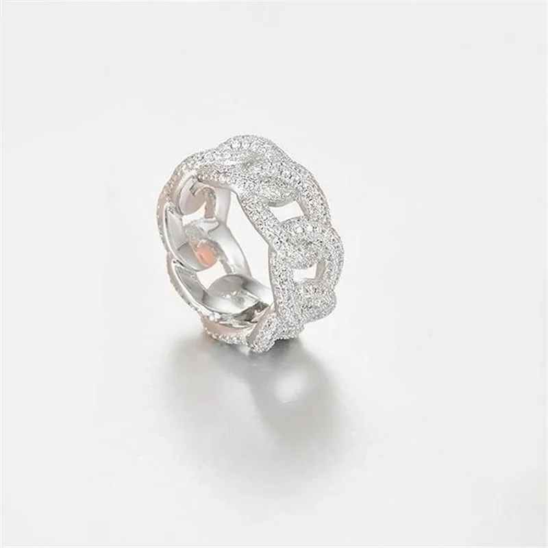 Hip Hop impresionante pavé completo de diamantes, joyería Vintage de plata de ley con relleno de oro blanco CZ para mujer, anillo de cadena de eslabones de boda, regalo